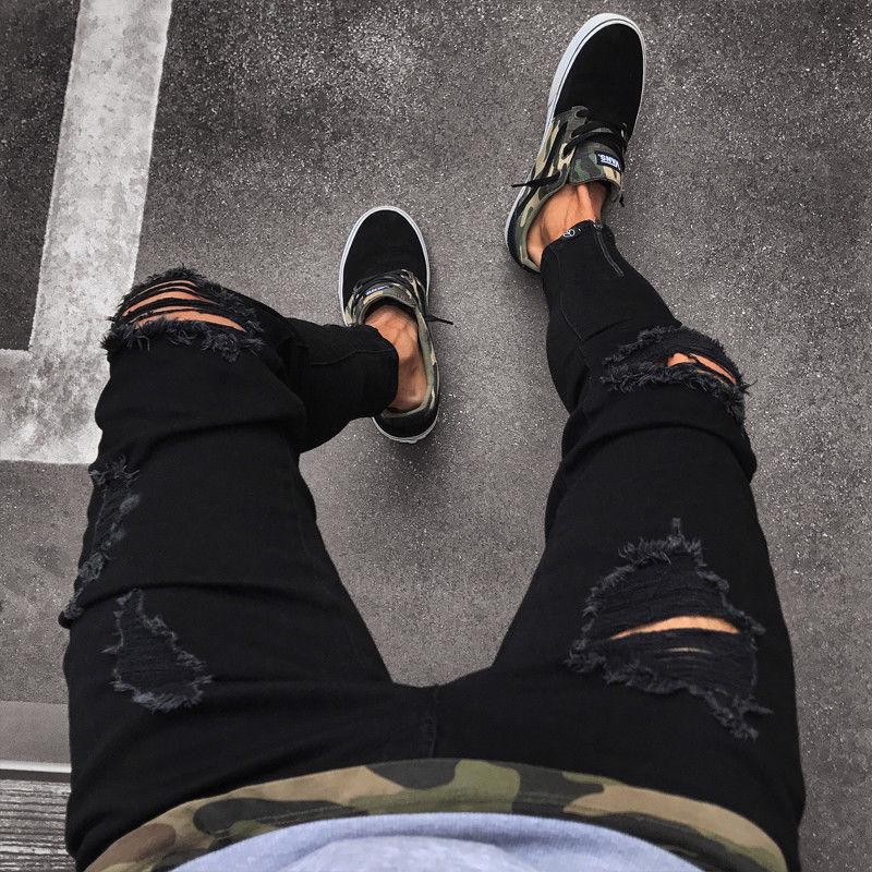 

Men' Jeans Fashion Mens Cool Designer Black Ripped Skinny Destroyed Frayed Slim Fit Denim Pant Zipper Hop Pants Holes For Men