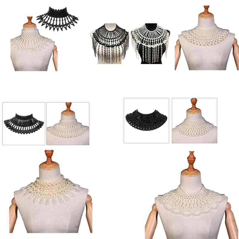 

Luxurious Jewelry Bib Choker Necklace Handmade Hollow Out Woven Water Drop Pearl Beaded Layered Body Chain Shawl Collar