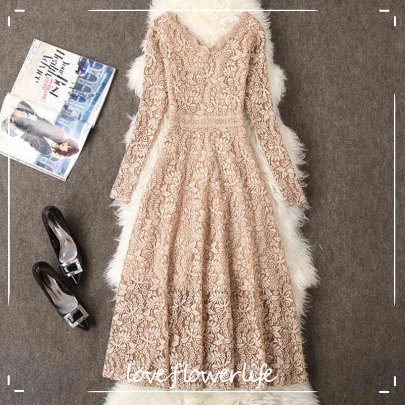 

Spring Women Long Sleeve Lace Dress Big Size M-3XL Dress Elegant Lady Long V-neck Dressess Vestidos Autumn Bottomings 210521, Black