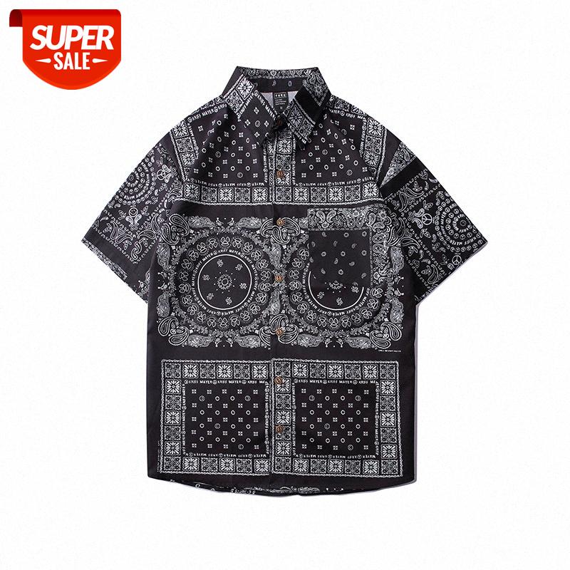 

Men's Japanese retro cashew flower full-print short-sleeved shirt loose hip-hop couple casual jacket #BD0T, White;black