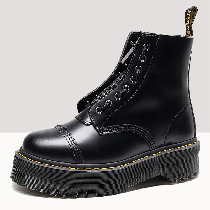 Bottes Samérés épaisses Femmes à glissière avant Cuir noir Cuir Britannique Femme britannique Trifle Dentelle Botas de Mujer Chaussures sauvages