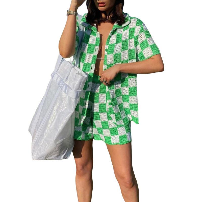 

Women' Tracksuits Two Piece Y2K Clothes Outfit For Women Plaid Knitted Crochet Cardigan Sweater And Short Pants Clothing Sets, Emerald green
