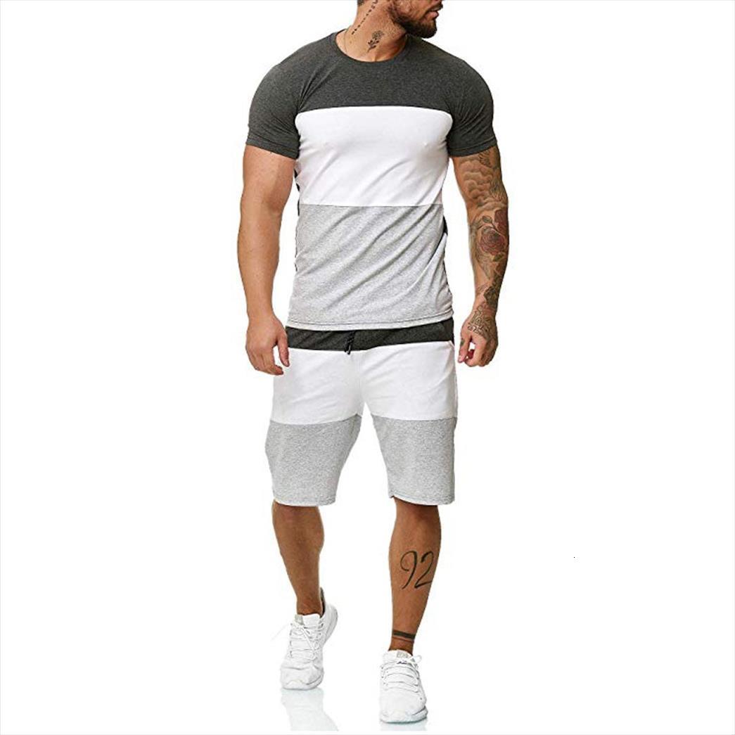 

summer sportswear set color men tracksuit matching printed short sleeve t shirt shorts outfits casual fitness suit, Gray