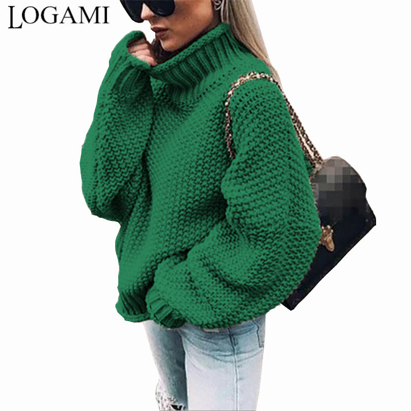 

logami womens turtleneck pullover sweater autumn winter knitting loose pullovers ladies sweaters, Black