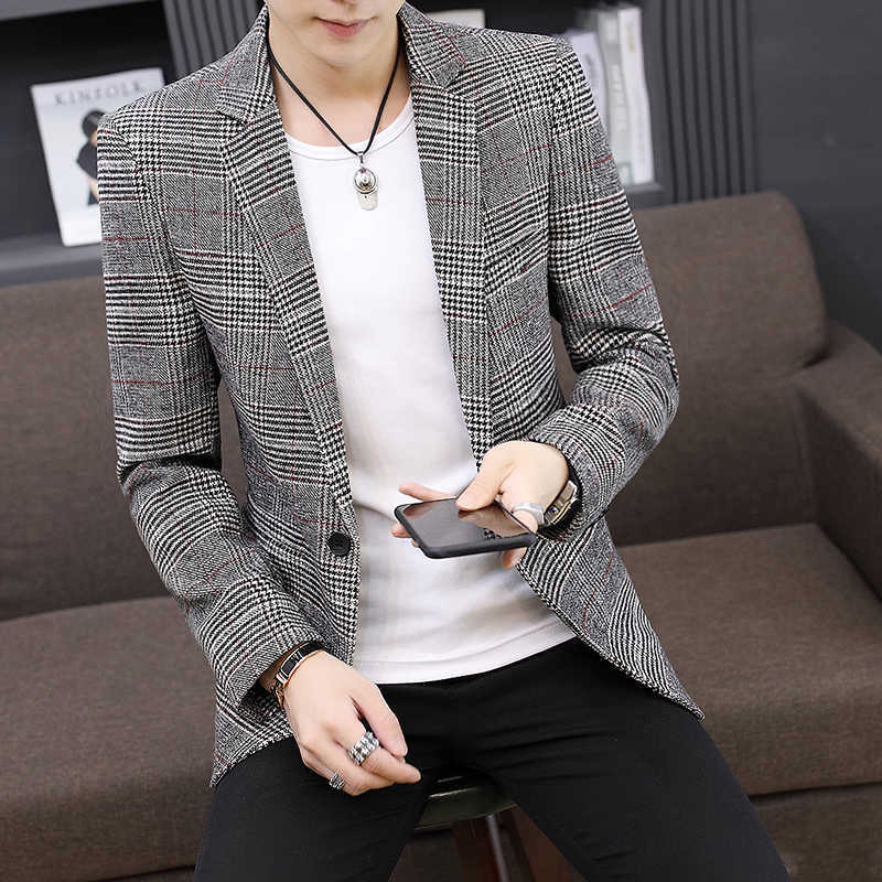 

Fashion Plaid Blazer Masculino Casual Slim Fit Suit Jacket Spring Autumn Wedding Business Men Blazers Street Wear Social Coat 210527, Red plaid