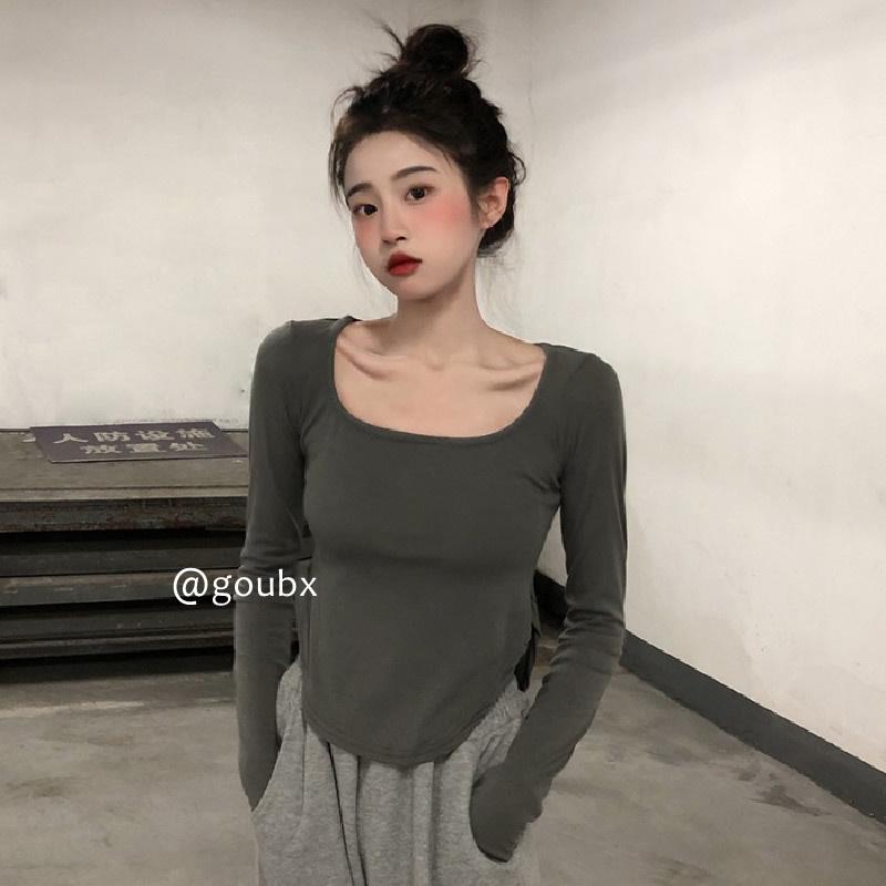 

Women's T-Shirt 2021 Autumn Solid Color Irregular Long Sleeve Female Girl Design Sense Slim Top Fashion, Black