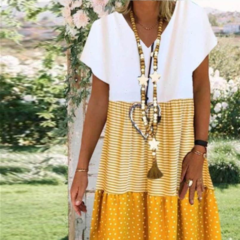 

Dress Women Summer Elegant Patchwork Short Sleeve V neck Loose Boho Sundress Plus Size Vintage Striped Dots Print, Black;gray