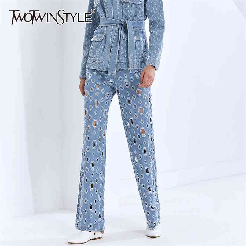 

Patchwork Hollow Out Hole Jeans For Women High Waist Straight Casual Streetwear Wide Leg Pants Female Fashion 210521, Blue