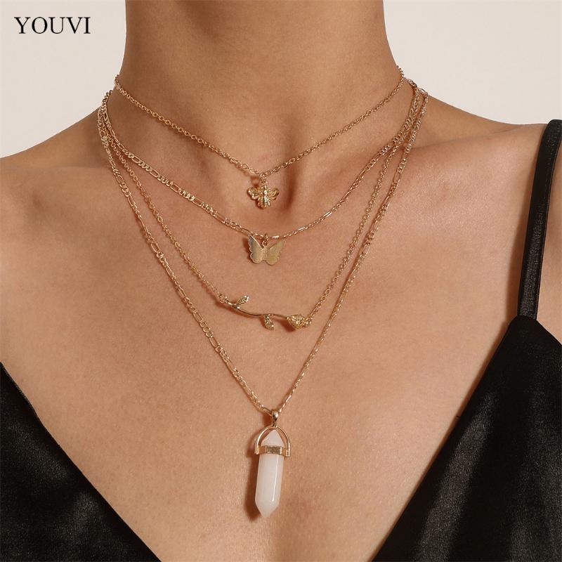 

Chains YOUVI Punk Mulitylayered Necklace For Women Bohemia Butterfly Hexagonal Stone Lovers Pedants Choker Jewelry, Silver