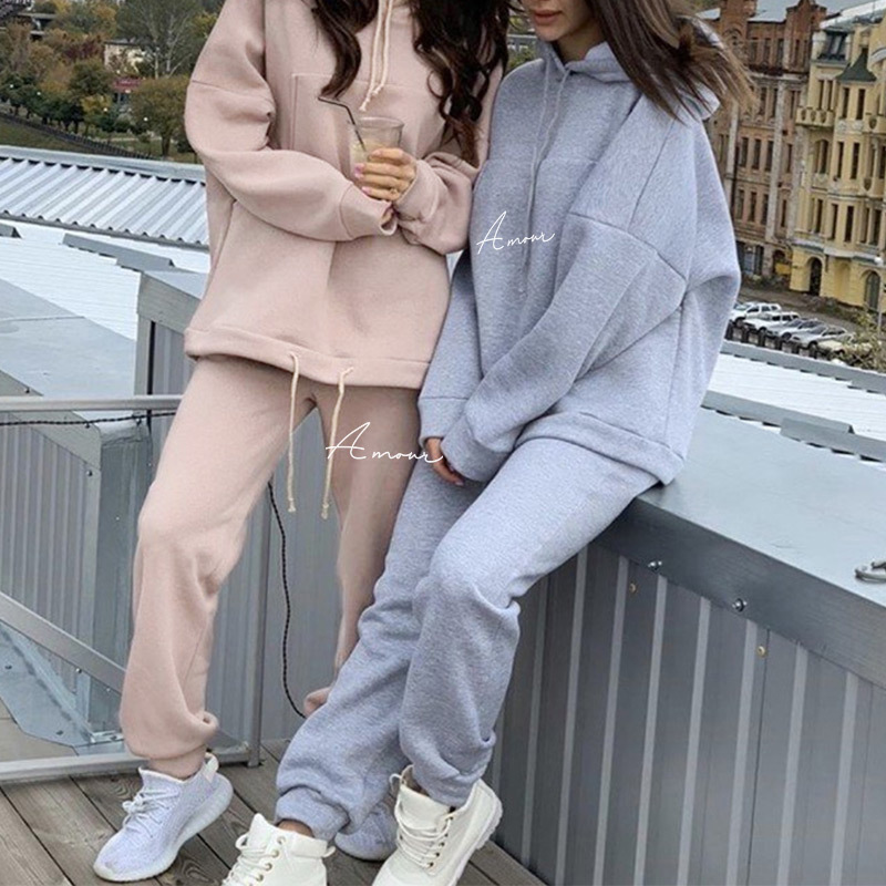 

Drawstring Letter Print Fleece Women' Pants Long Sleeve Female Hoodies Suit Casual Tracksuit Women Spring Autumn Set 210524, Pink white color