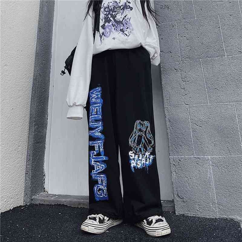 

Harajuku Style Hip Hop Retro Dark Sports Pants For Lovers Loose Straight Wide Leg Pants Versatile Drawstring Casual, Black;white