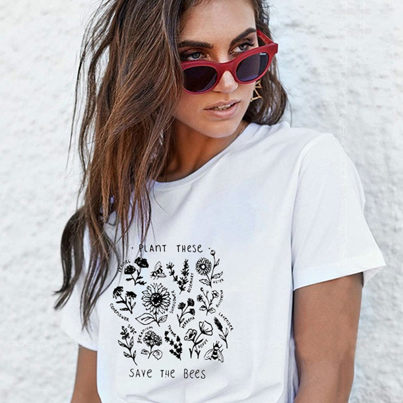 

Women' T-shirt Save The Bees Cotton Short Sleeve Kawaii Harajuku Wildflower Graphic Tees Summer Ulzzang Tees Tops Women Clothes 210518, Pink