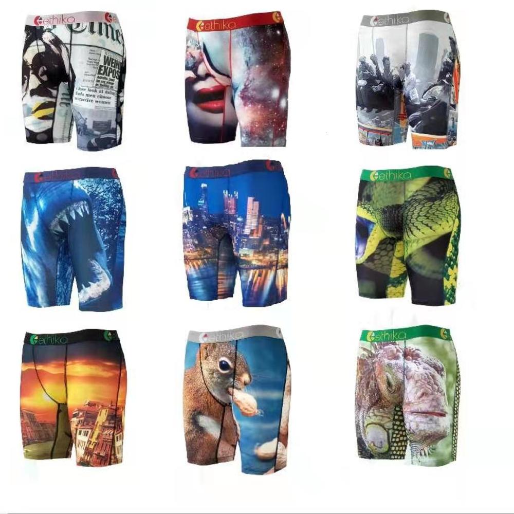 

Ethika Mens Underwear Polyester Underpants Spandex Long Leg Boxers Brand Sexy U Pouch Man Breathable Print Gay Boxer Men 10 styles S-XXL, Black;white