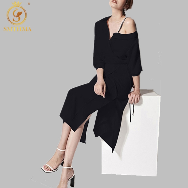 

Casual Solid Women Dress Sexy One Shoulder High Waist Asymmetric Long Dresses Female Fashion Spring 210520, Photo color