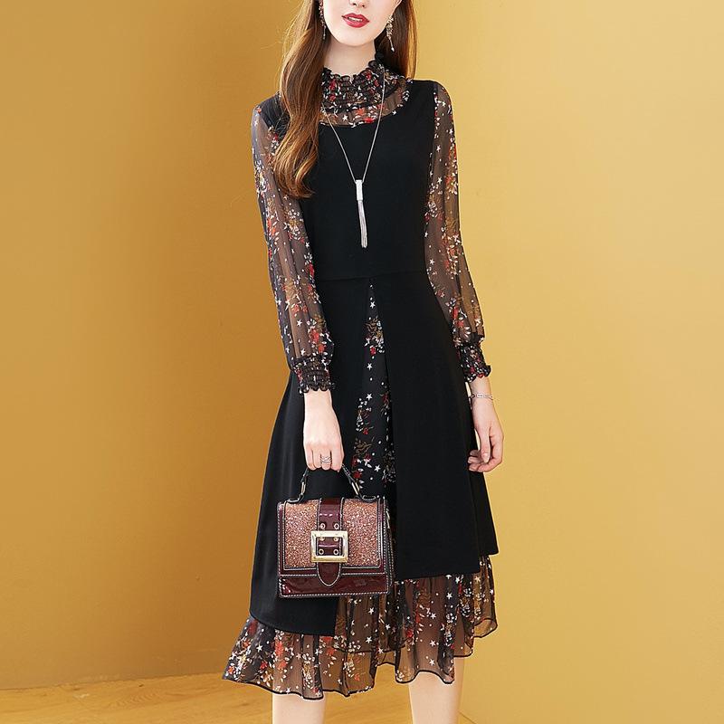 

Casual Dresses Fashion Print OL Office Chiffon Dress Women 2021 Autumn Temperament O-neck Long Sleeve Black Mesh Elegant