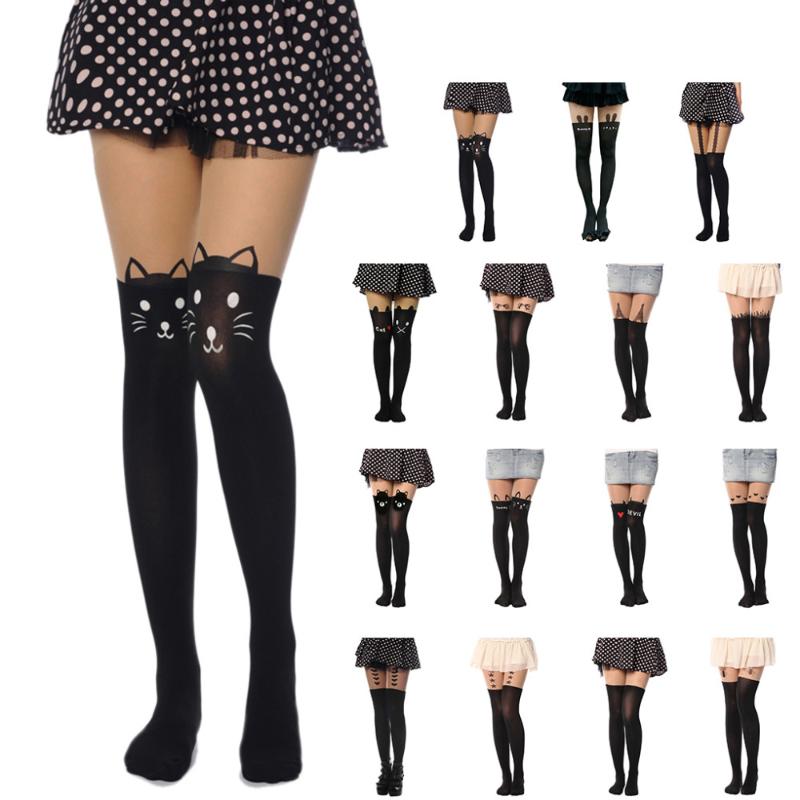 

Sexy Women Pantyhose Tights Spring Autumn 20 Style Knee Stockings Female Pantys Cat Pattern Print Cartoon 90cm Socks & Hosiery, Black;white