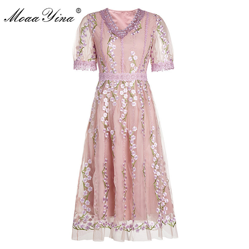 

Fashion Designer dress Summer Women's Dress Short sleeve V-neck Flowers Embroidery Slim Elegant Dresses 210524, Purple