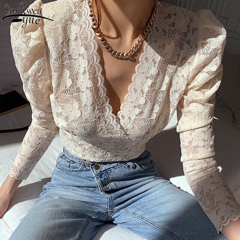 

Sexy Lace Blouse Vintage Deep V-neck Long Sleeve Women Shirts See Through Puff Sleeve Chic Lace Shirt Blusas Mujer 13470 210518, Beige