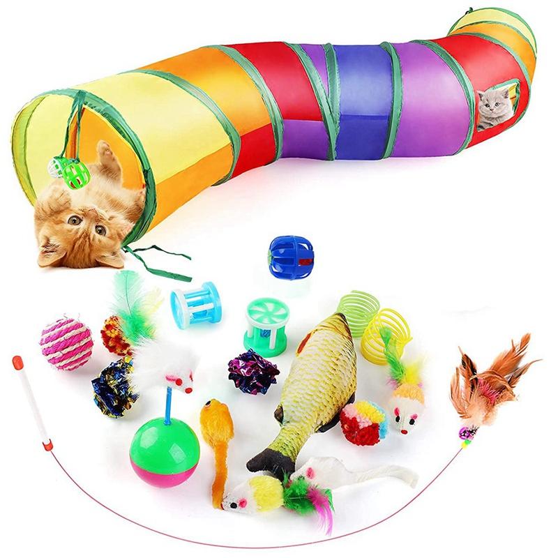 

Cat Toys Kitten Toy Tunnel - 20PCS Indoor Interactive Includes Rainbow Feather Teaser Fluffy Mouse Crinkle