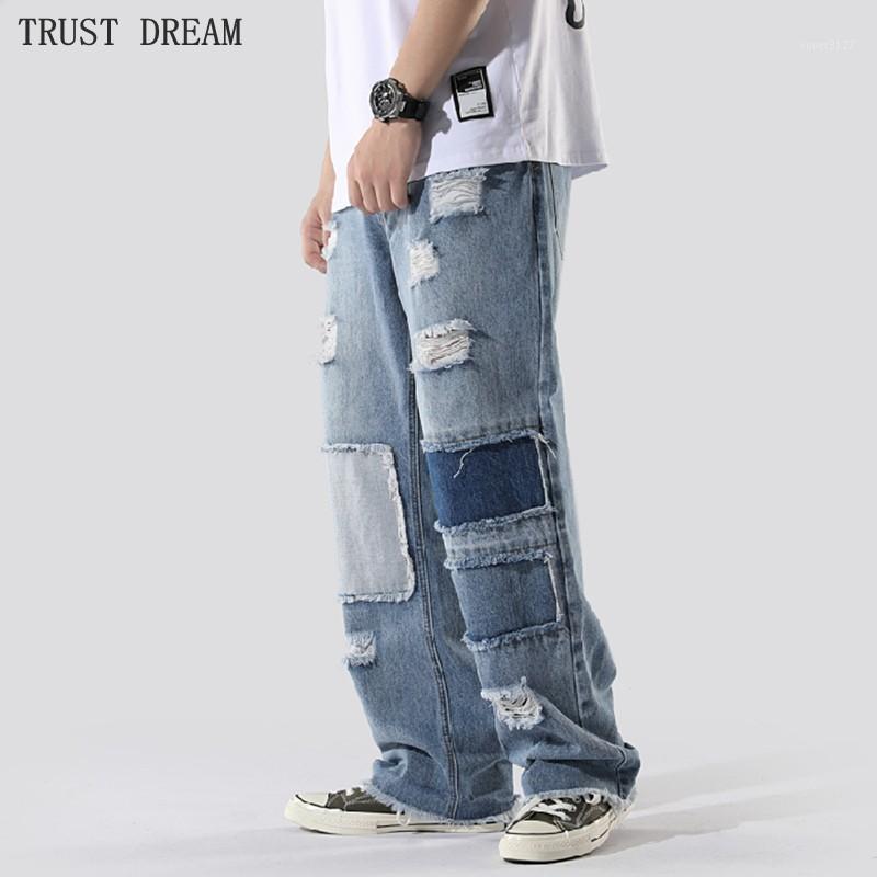 

Men's Jeans Amazing Designed Men Ripped Hole Straight Ins France Style Jean Loose Patchwork Pants Man Casual Personal Spring Summer, Blue