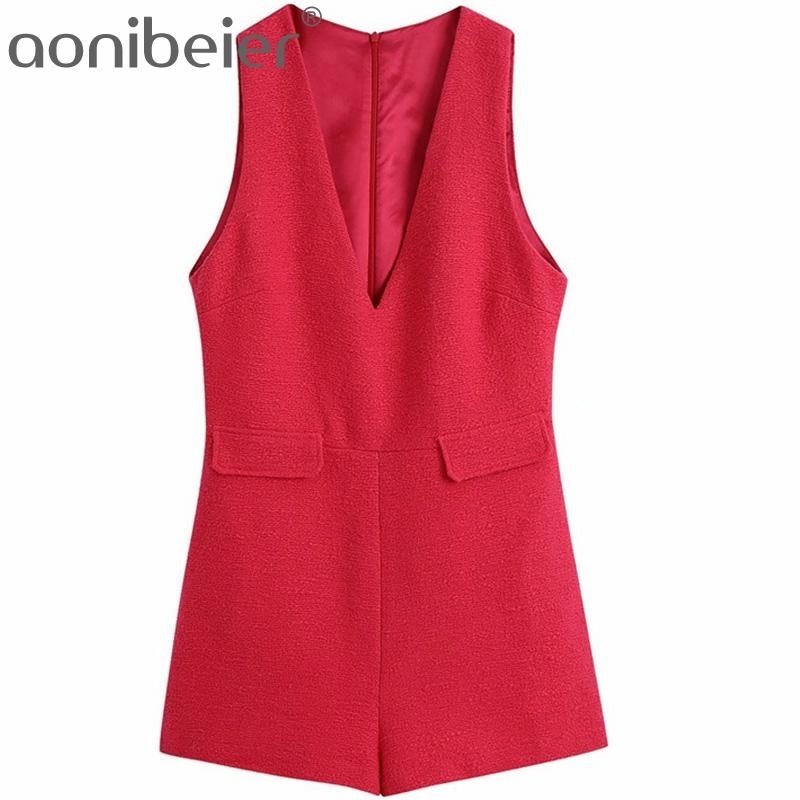 

Red Textured Playsuit Spring Summer Fashion Sleeveless Zipper Back V Neck Women Rompers Casual High Wasit Jumpsuit 210604