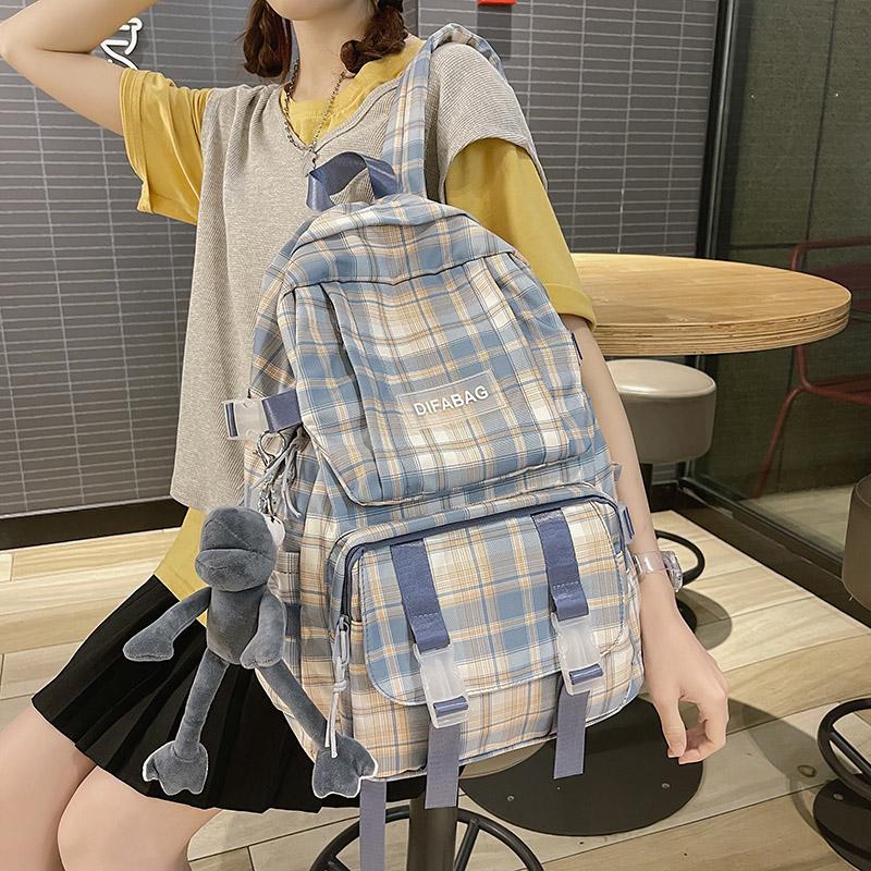 

Backpack HOCODO Multi-Pocket Plaid Women Cotton Large Capacity Schoolbag College Student Laptop Kawaii Rucksack, Blue