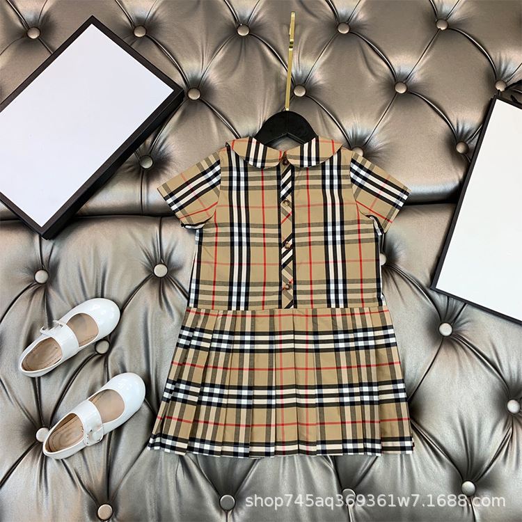 

Spring and summer new girl's baby collar college style striped Plaid slim short sleeve pleated skirt dress, Khaki
