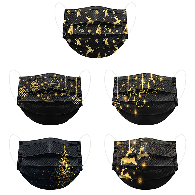 

Adult Black Mask Christmas Designer Face masks Print Gold Balls 3 layers Beautiful Disposable Non-Woven Cover Mouth