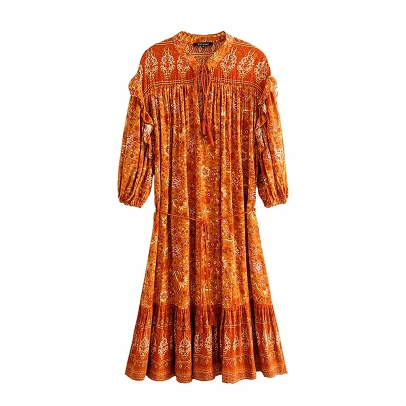 

Fashion women summer mini dress chic V-neck floral Short sleeve female Slim A-line pleated 210524, Orange