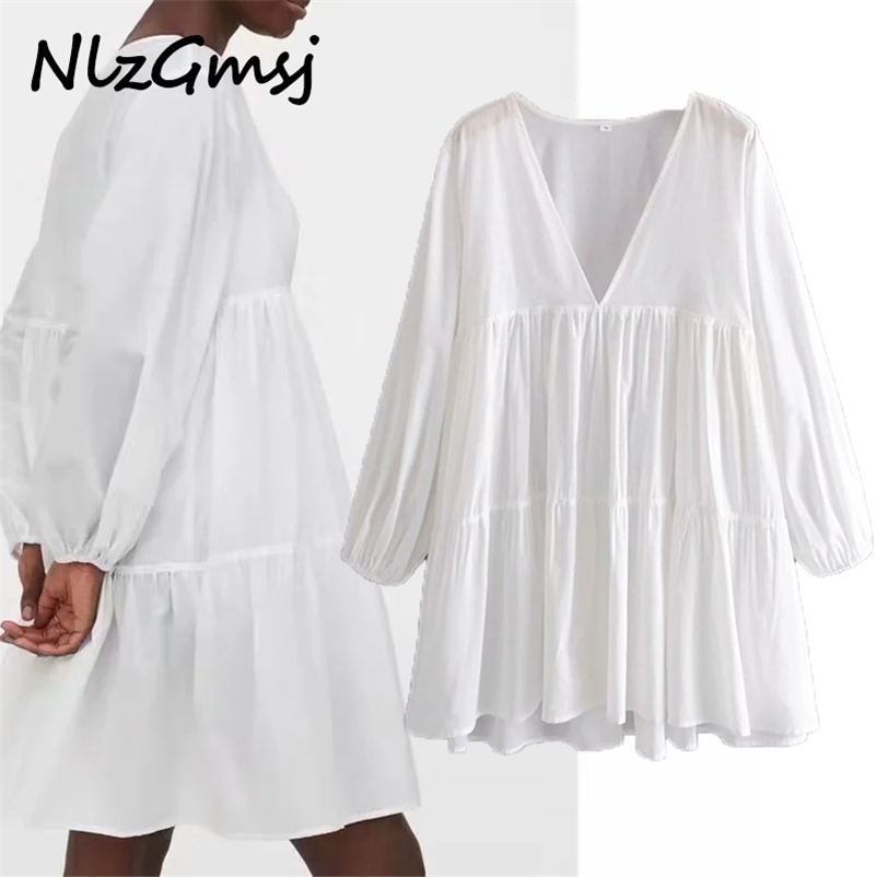 

Dres Spring Autumn Fashion V-neck High Waist Long Sleeve Solid Color Simple Style Mini 210628, As picture