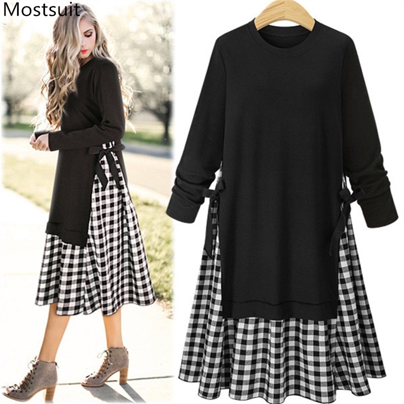 

Long Sleeve Vintage Checkerboard Dress Women Plus Size Autumn Winter Sweatshirt es Patchwork Side Ties Pleated 210518, Black