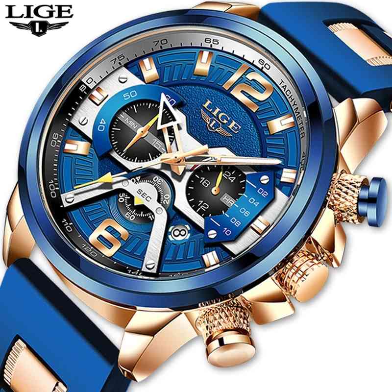 

LIGE Fashion Mens Watches Silicone Strap Top Brand Luxury Sports Chronograph Quartz Watch Men Relogio Masculino Clock 210517, Rose gold blue