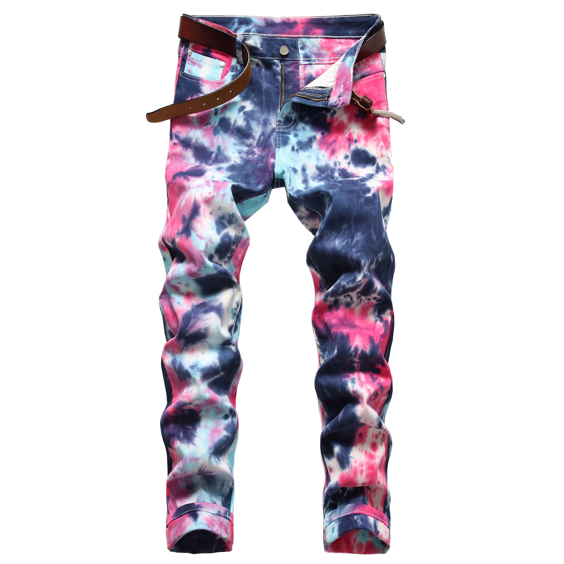 

Men's Fancy Color Tie and Dye Print Jeans Fashion Slim Straight Stretch Denim Pants Painted Trousers, Multi