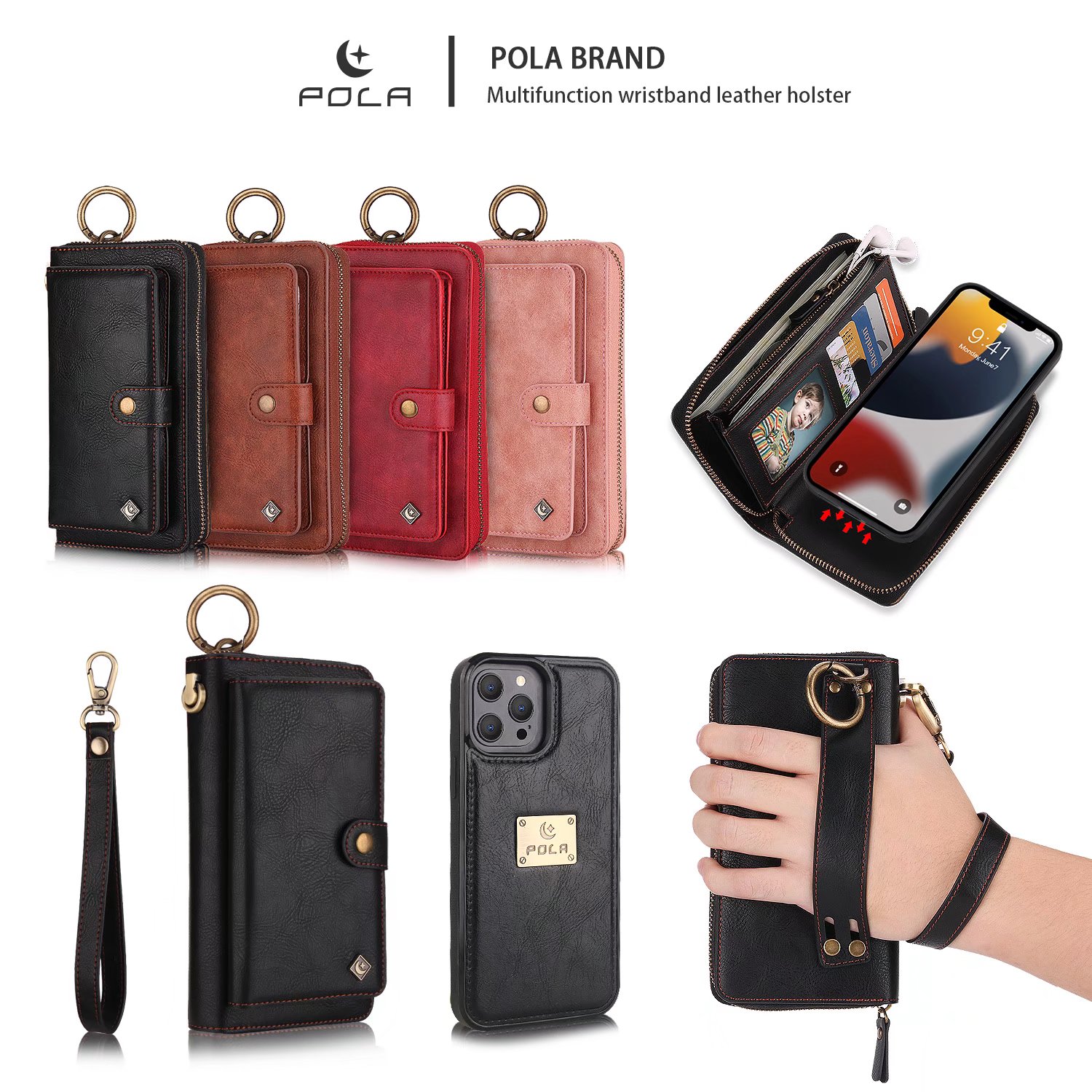 

POLA For Iphone 13 12 Mini 11 Pro 7 8 Plus Xs MAX XR Phone Case Fashion Multifunction Zipper Business Leather Magnetic Wallet Split Shell Cover