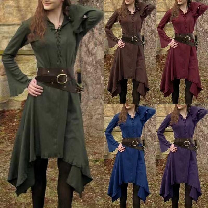 

Casual Dresses Medieval Costume Halloween Dress Woman Cosplay Stage Performance Irregular Long Sleeve Cotton Party Bandage Vestido 2021, Purple