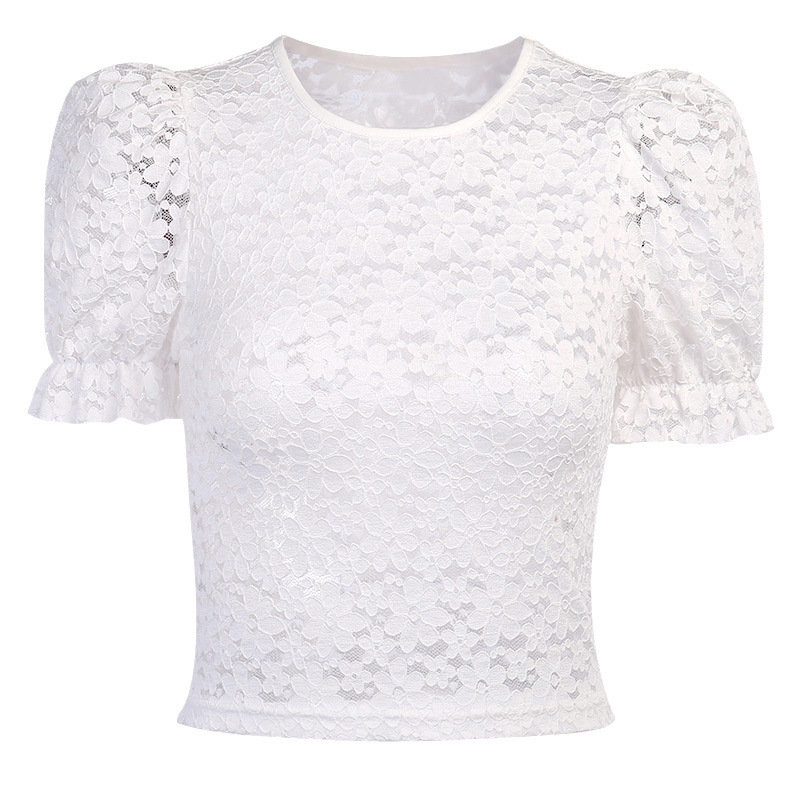 

Paris Girl Summer Hollow Lace Puffy Sleeve Short-Sleeved Short-sleeved T-Shirt Women's Slim Solid Color Tops 210524, White