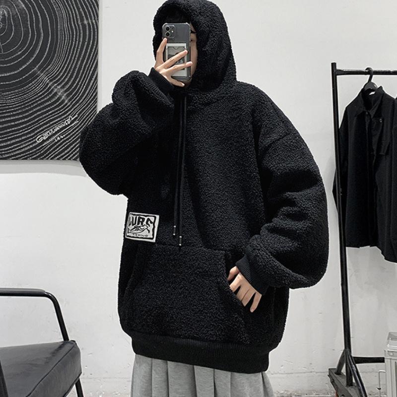 

Men's Hoodies & Sweatshirts Man Hooded Pullover Solid Warmth Thick Coat Loose Long Sleeve Pockets Casual Wool Clothe Outdoor Winter For, Black