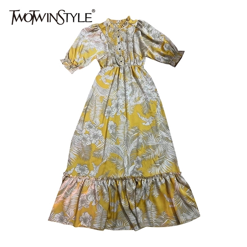 

Casual Print Dress For Women Stand Collar Puss Short Sleeve High Waist Midi Dresses Female Summer Fashion 210520, Aspicture