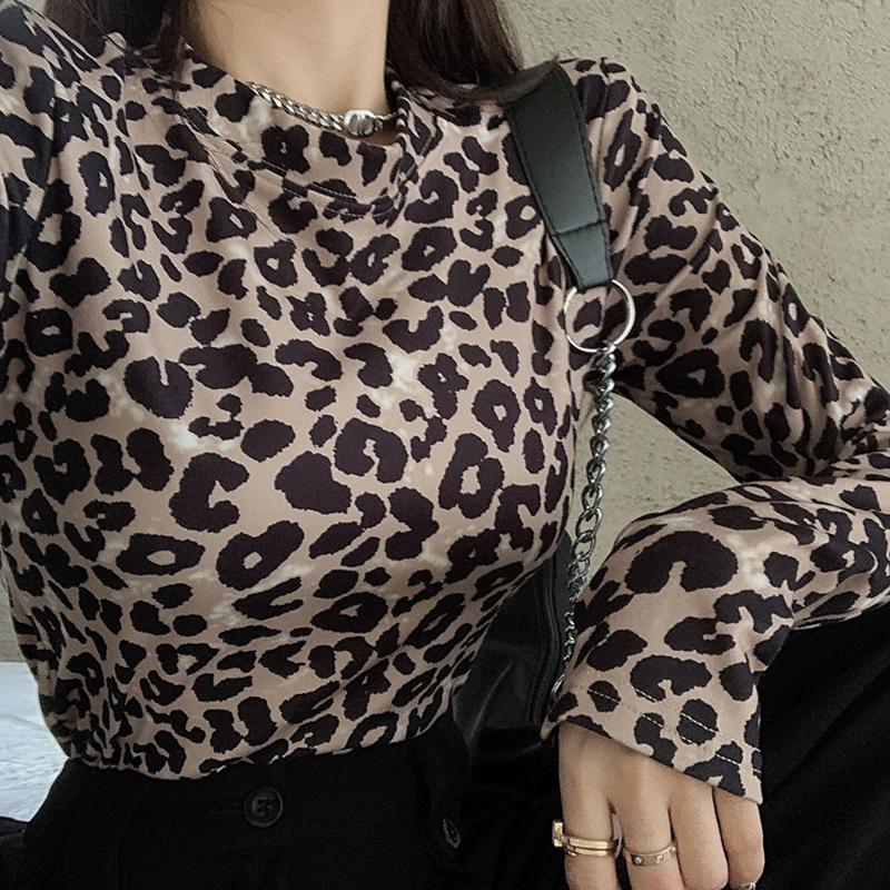 

Leopard Print Slim Bottoming Shirt Feminine Long Sleeved T-Shirt Round Neck Cropped Streetwear Tops Woman 2021 Summer Harajuku Women's, Picture color