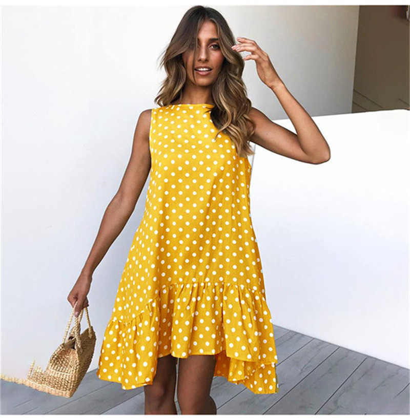 

Designer Women Polka Dot Dresses Ruffle Casual Sleeveless O Neck Fashion Womens Dresses Natural Waist Dress, Black;gray