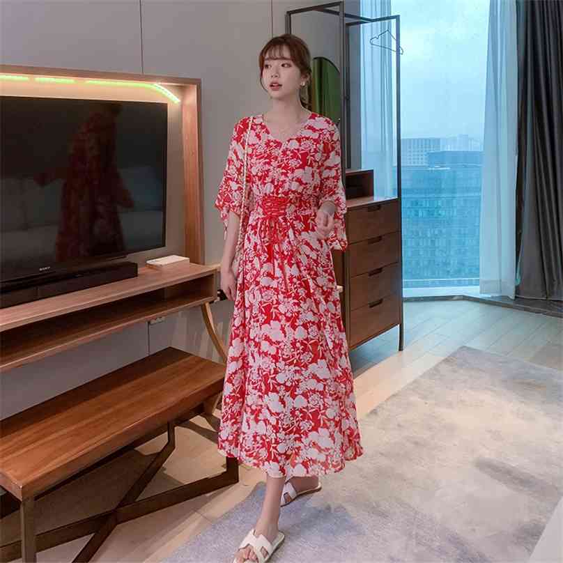 

Long Bohemia dress for women Summer elegant print ruffled Sleeve maxi floral chiffon Ladies beach flower Maxi Dresses 210602, Red
