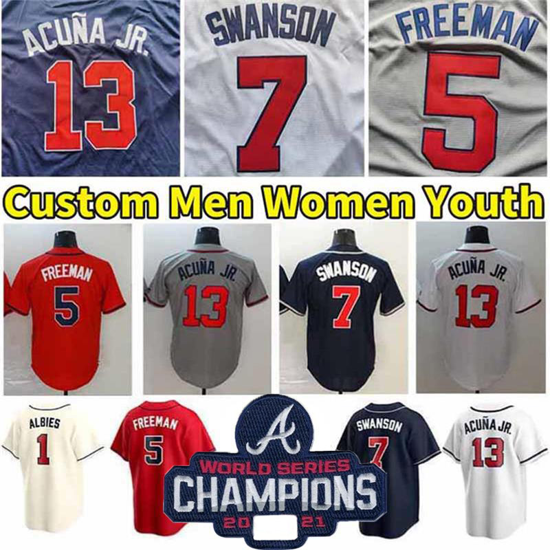 

Custom Freddie Freeman Baseball Jersey Ronald Acuna Jr. Jorge Soler Austin Riley Joc Pederson Max Fried Dansby Swanson Ozzie Albies Chipper Jones Anderson Rosario, Women color 1
