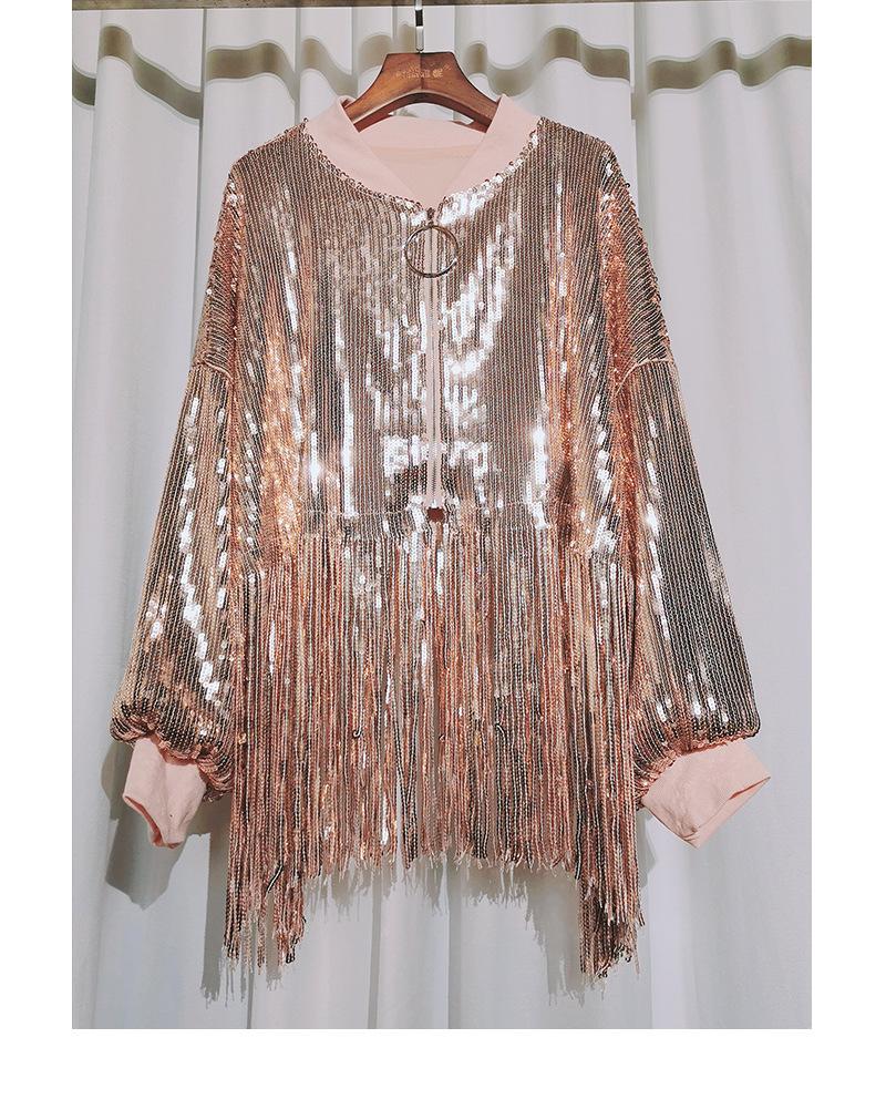 

Women's Jackets European Style Sequined Woman Coat Long Sleeve Bling Jacket Female Tassel Fashion Top Zipper Women, Black