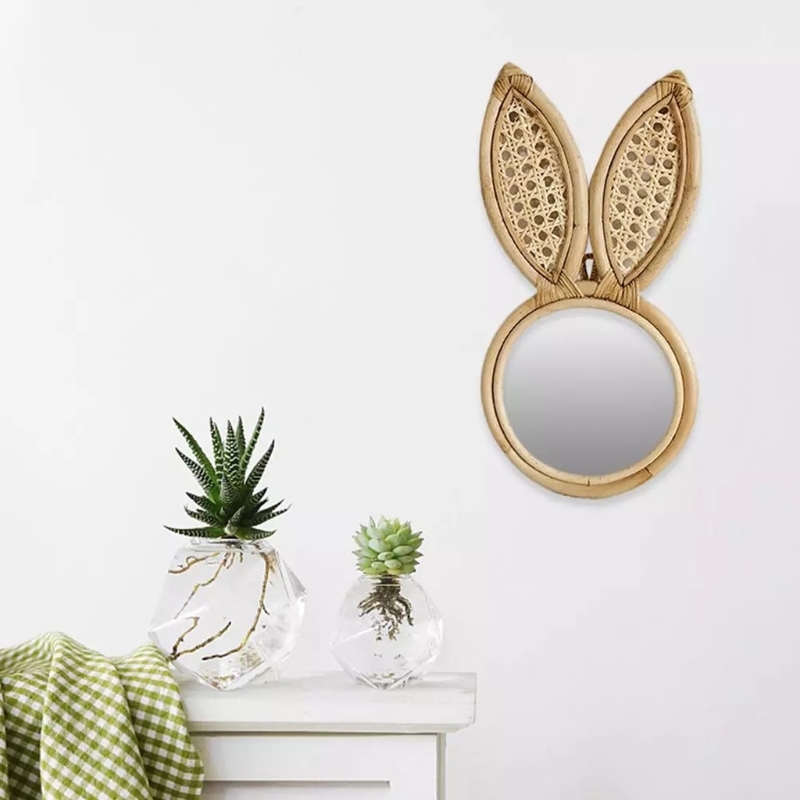 

Wall-Mounted Rattan Handmade Decorative Rabbit Ear Monkey Dressing Makeup Mirror Hanging Round Decoration Compact Wall