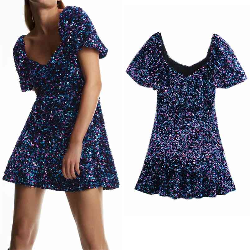 

Blue Sequin Mini Dress Women Vintage Sparkly Glitter Short Puff Sleeve Party es Ladies Evening Sexy 210519