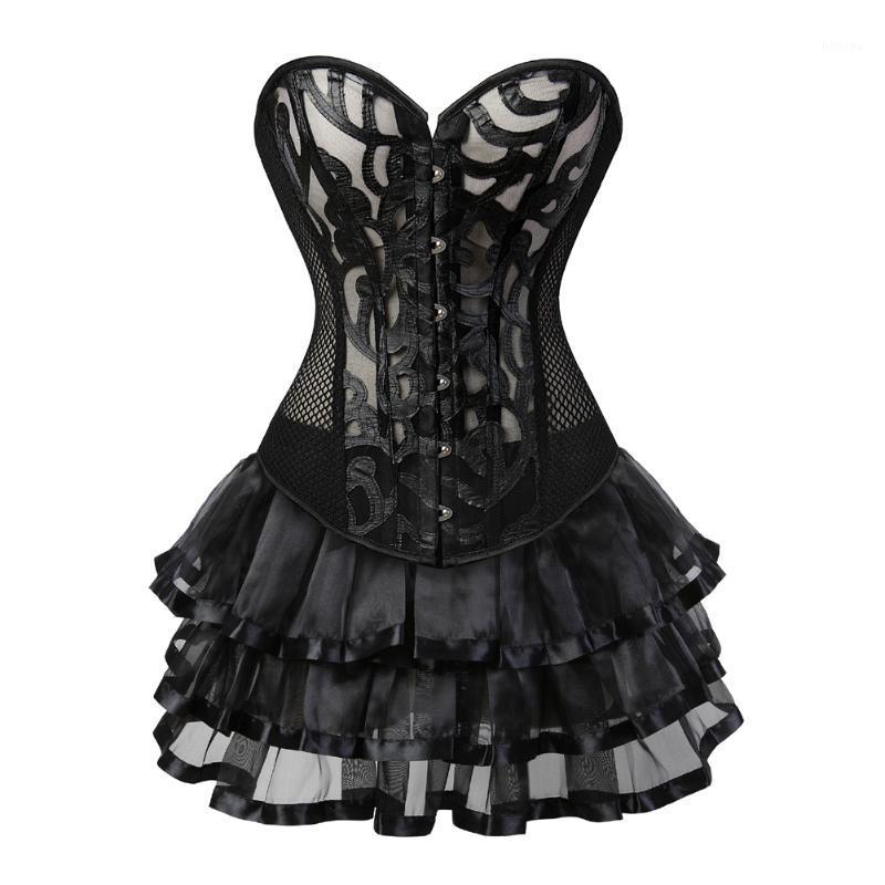 

Bustiers & Corsets Corset Skirt For Women Steampunk Breathable Mesh Dress Korsage See Through Push Up Classic Clubwear Carnival Costume, Black