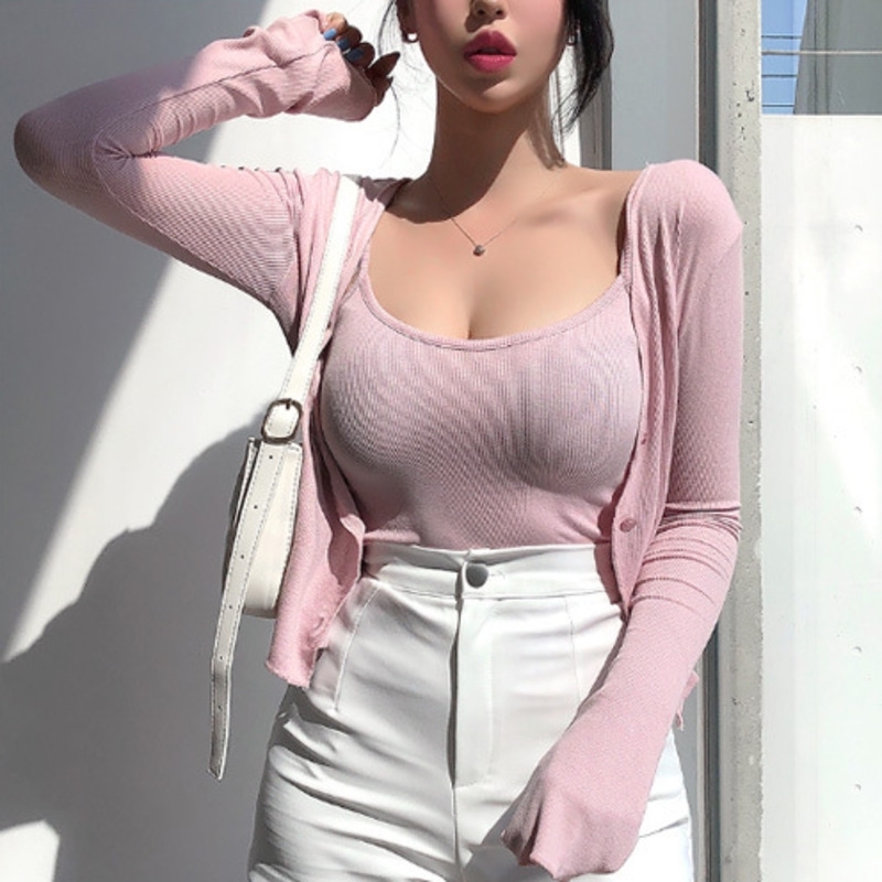 

WOMENGAGA Korea Spring Summer Pink Tops Full Sleeve T Shirt+tight Base Tank Lace Ruffle Fashion Two Pieces Women's 2QM7 210603, Black