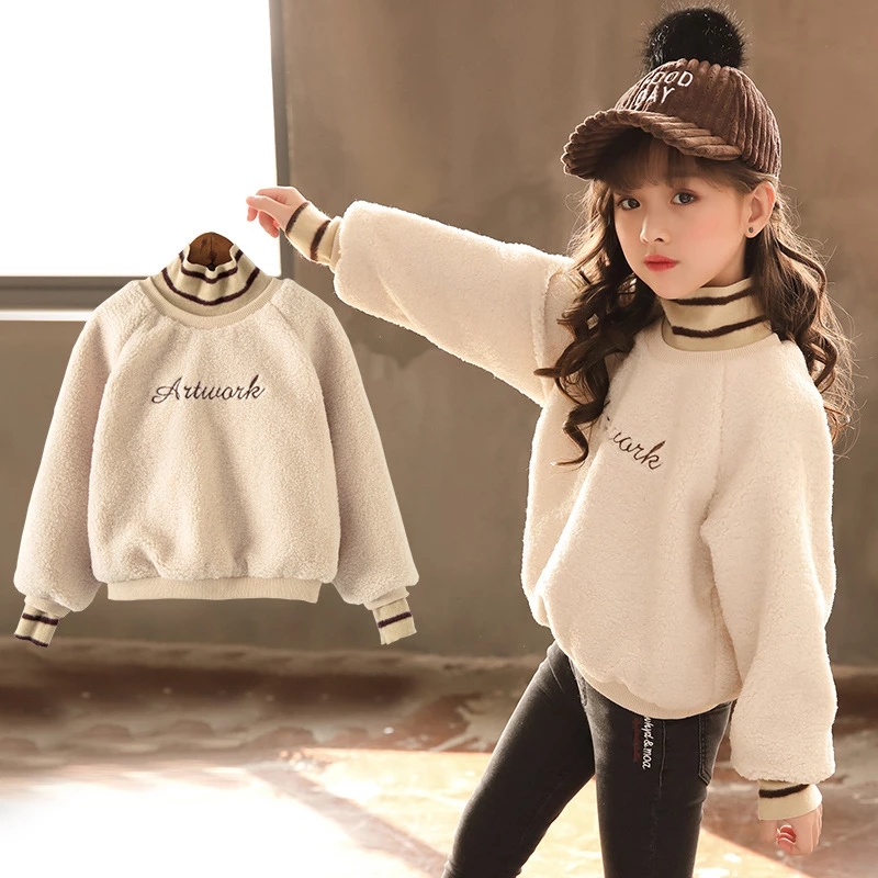 

Winter Hoodies & Sweatshirts Elegant Winter Spring Autumn Sweater Warm Kids Girl Plus Velvet Lamb Wool Thicken Outfits Baby Boutique Toddler Children, Black