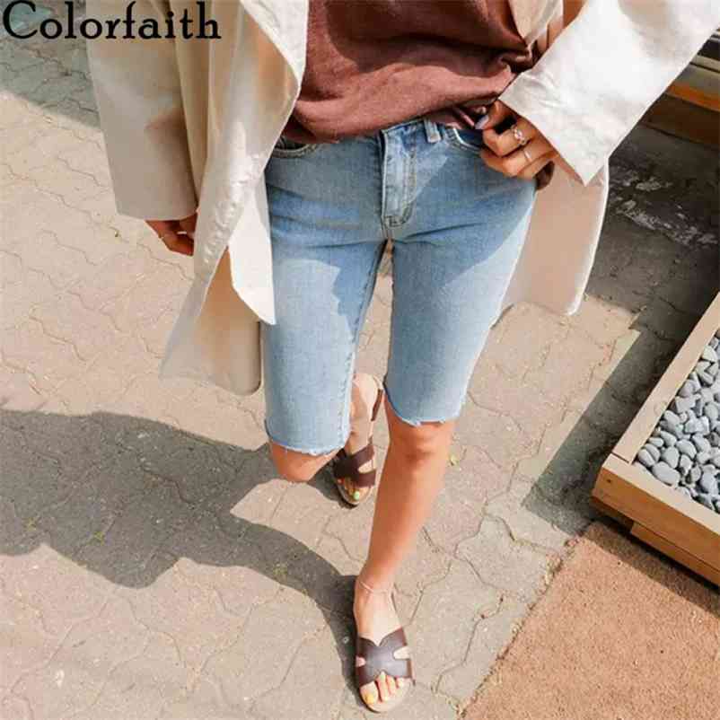 

Colorfaith Women Summer Jeans 3 Colors High Waist Casual Trousers Denim Streetwear Skinny Knee Length Pants J3438-8 210629, Blue