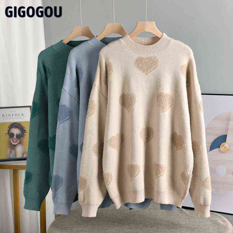 

GIGOGOU Love Print Knitted Fluffy Sweater Green Pink Oversized Pullover Women Winter Loose Long Sweaters Streetwear Sueter Mujer Y1110, Dark blue